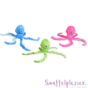octopus knuffel in roze, blauw en rood met lange tentakels.